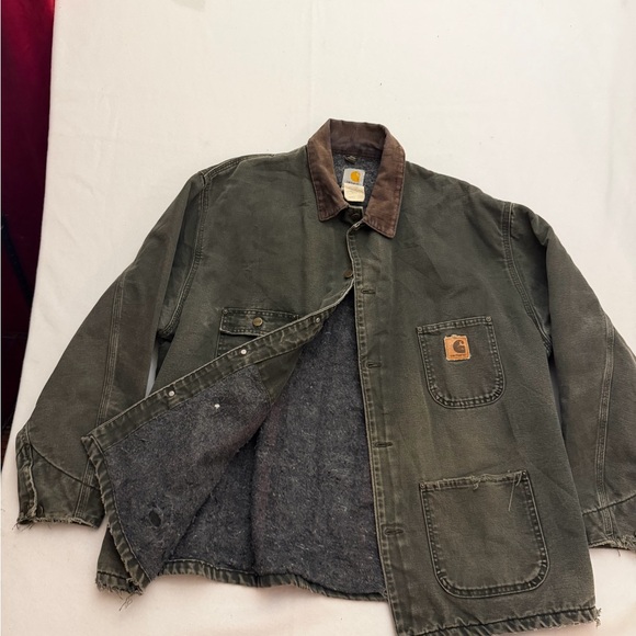 Vintage Distressed Carhartt Jacket Large Green Duck Canvas Blanket Lined CO2MOS - Picture 6 of 11